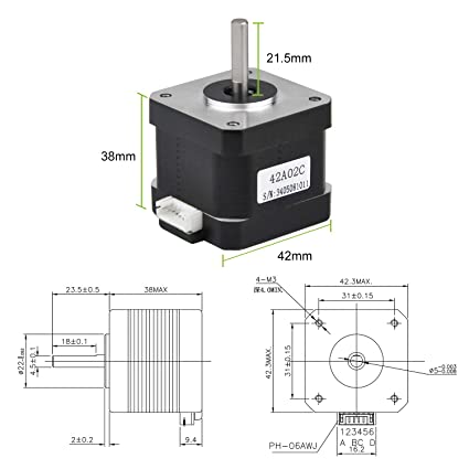 Motor paso a paso Nema 17, motor bipolar de 2 fases, 1.5 A (42A02C-Dupont)